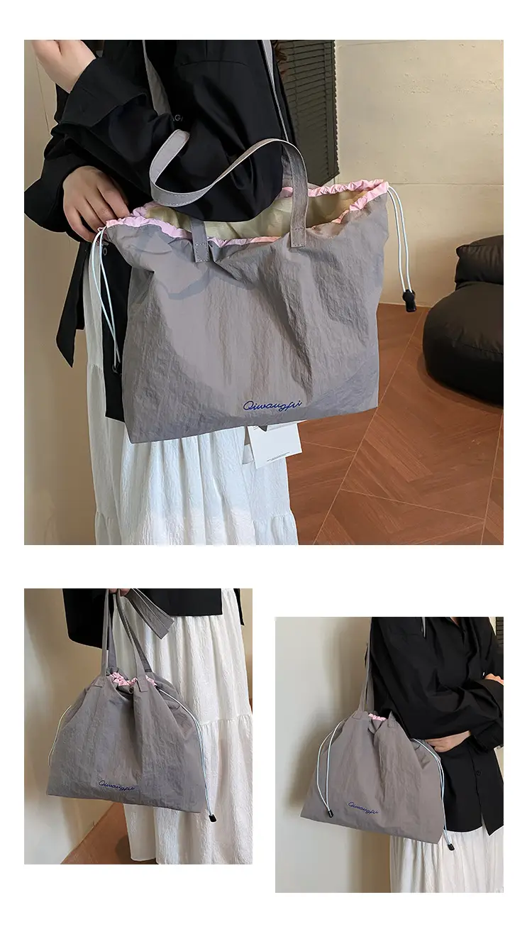 Korean Style Women's Shoulder Tote Bag 2025 Nylon Light Grey — feature 17