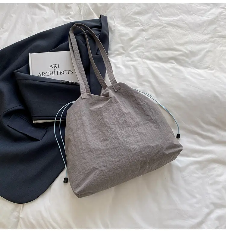 Korean Style Women's Shoulder Tote Bag 2025 Nylon Light Grey — feature 22
