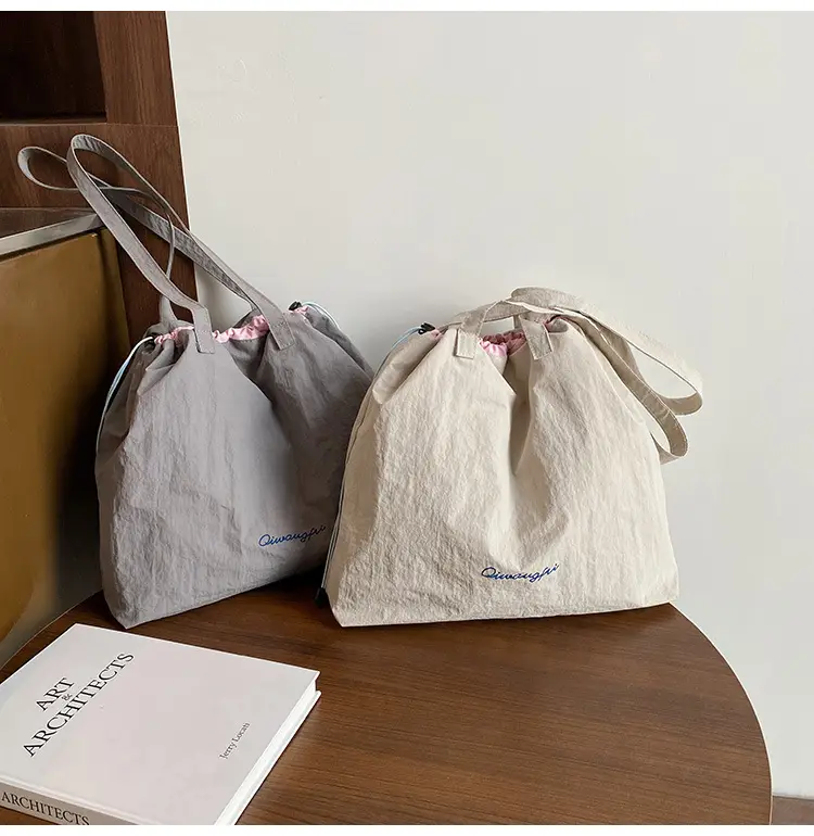 Korean Style Women's Shoulder Tote Bag 2025 Nylon Light Grey — feature 24