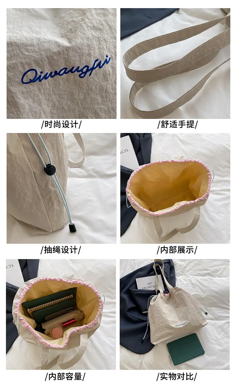 Korean Style Women's Shoulder Tote Bag 2025 Nylon Light Grey — feature 5