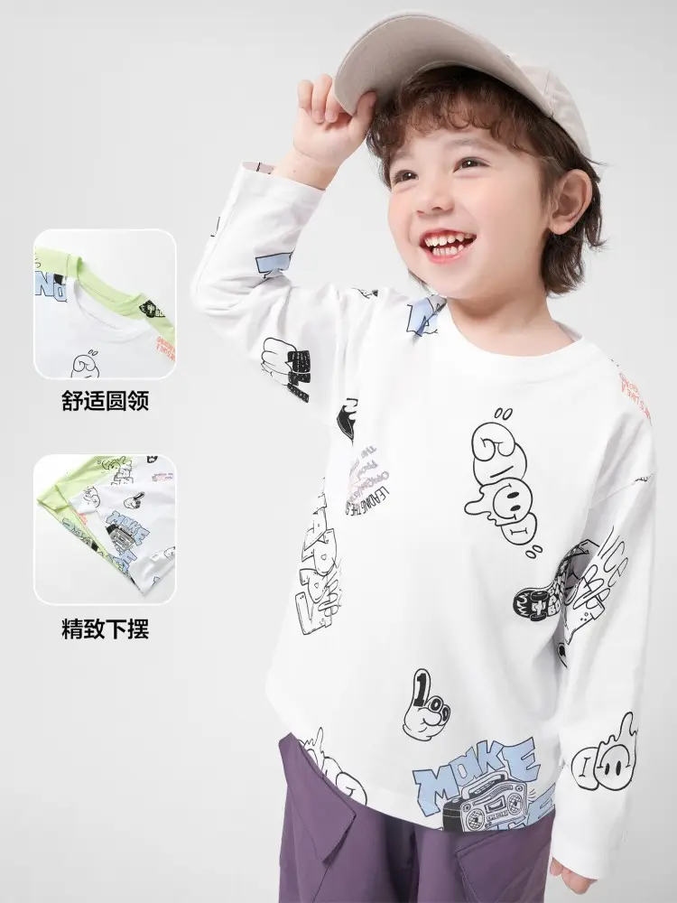 Boys Cotton Long Sleeve T-Shirt White Cartoon Kids Spring Clothing