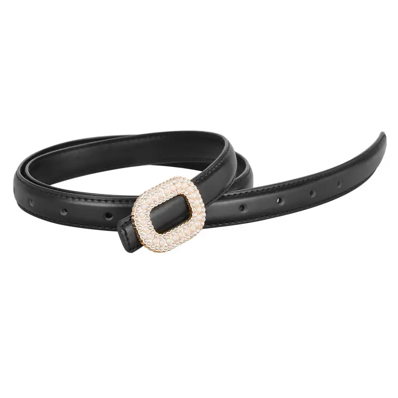 Women's Black Velvet Leather Belt with Diamond Buckle
