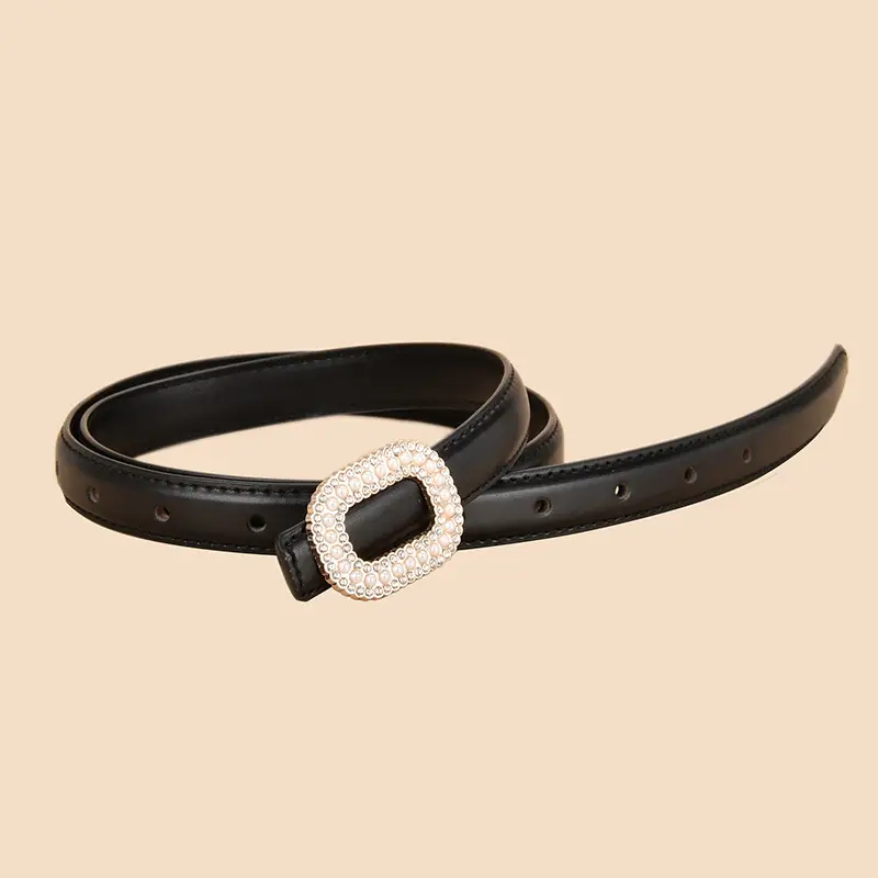 Women's Black Velvet Leather Belt with Diamond Buckle — feature 5