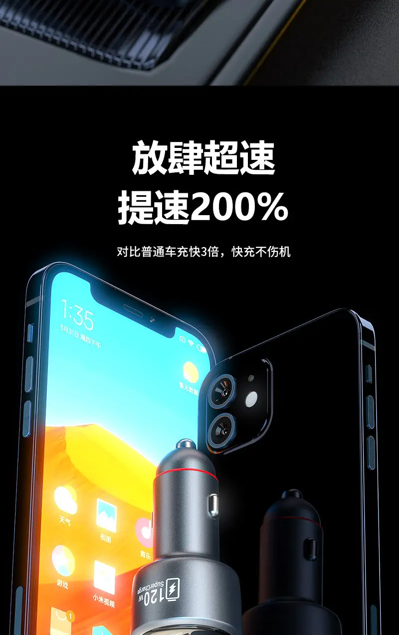 120W Super Fast Car Charger for Xiaomi Apple Phones — feature 13