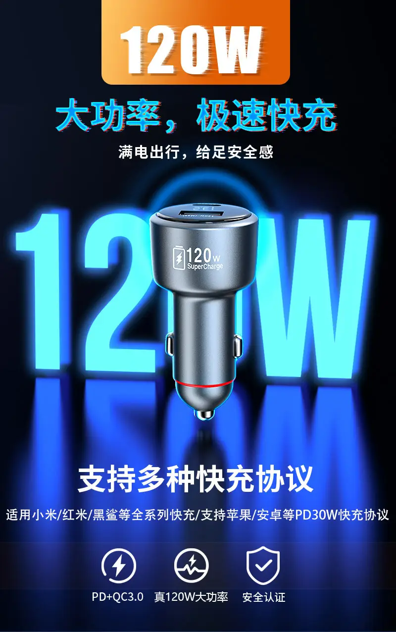 120W Super Fast Car Charger for Xiaomi Apple Phones — feature 5