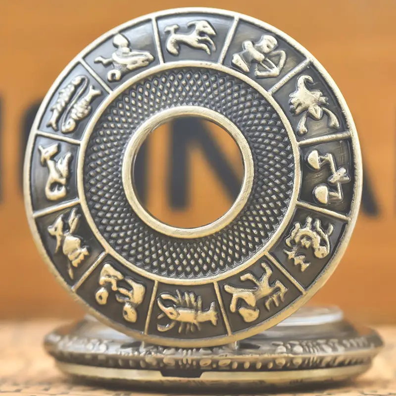 Retro 12 Zodiac Hollow Pocket Watch with Hair Grip