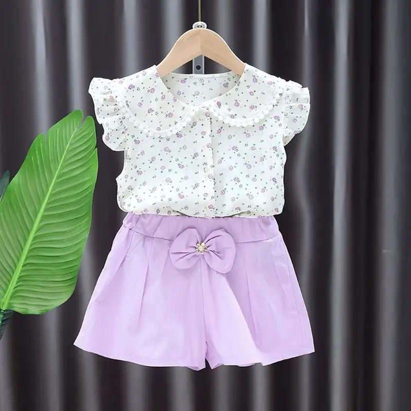 Girls' Floral Top & Lavender Shorts 2025 Set - Image 3