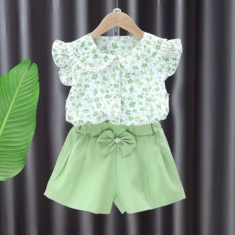Girls' Floral Top & Lavender Shorts 2025 Set - Image 2