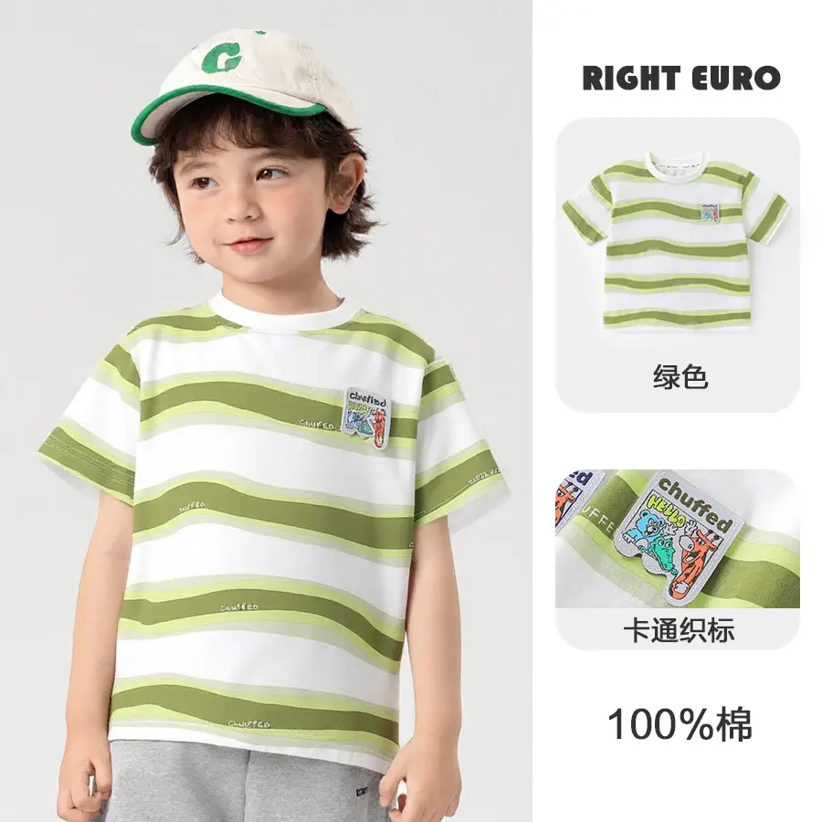 Right European Boys Pure Cotton Striped T-Shirt Green - Image 2