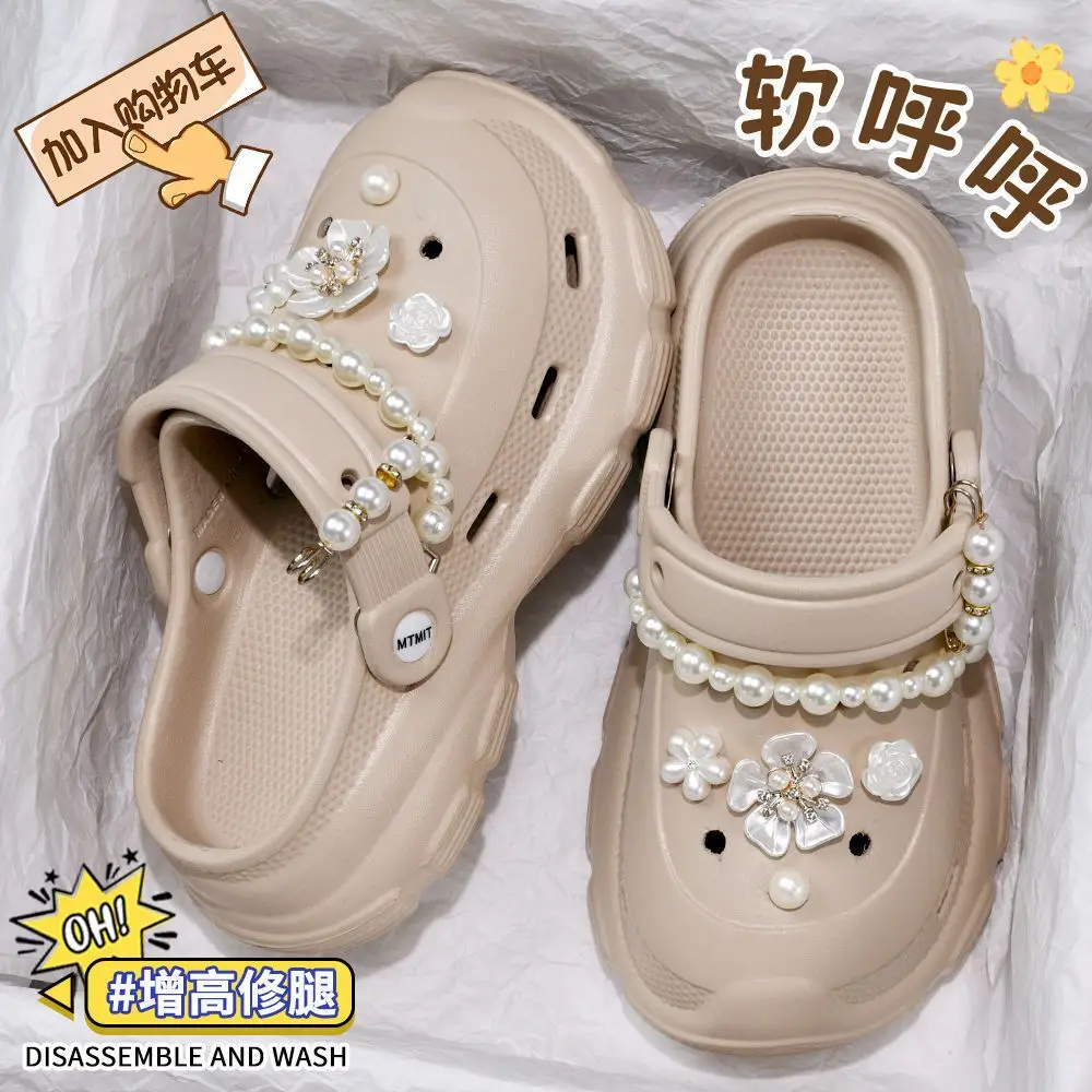 2025 Summer Women's Pink Pearl Clogs with Thick Sole