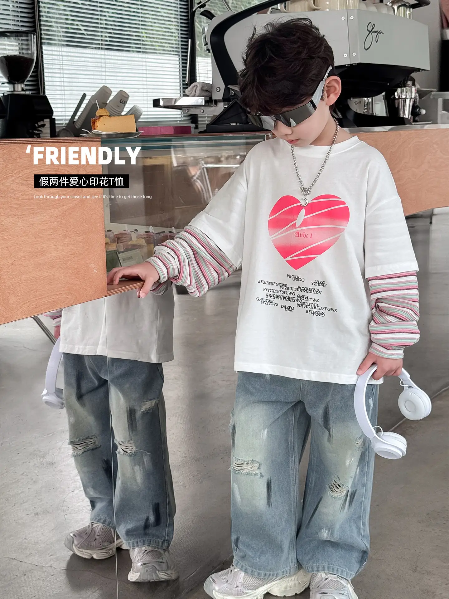 2025 Boys Love Print Top T-Shirt Fake Two-Piece - Image 2
