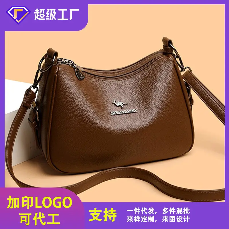 Women Shoulder Bag Brown Leather Large Capacity Work Logo - Image 7