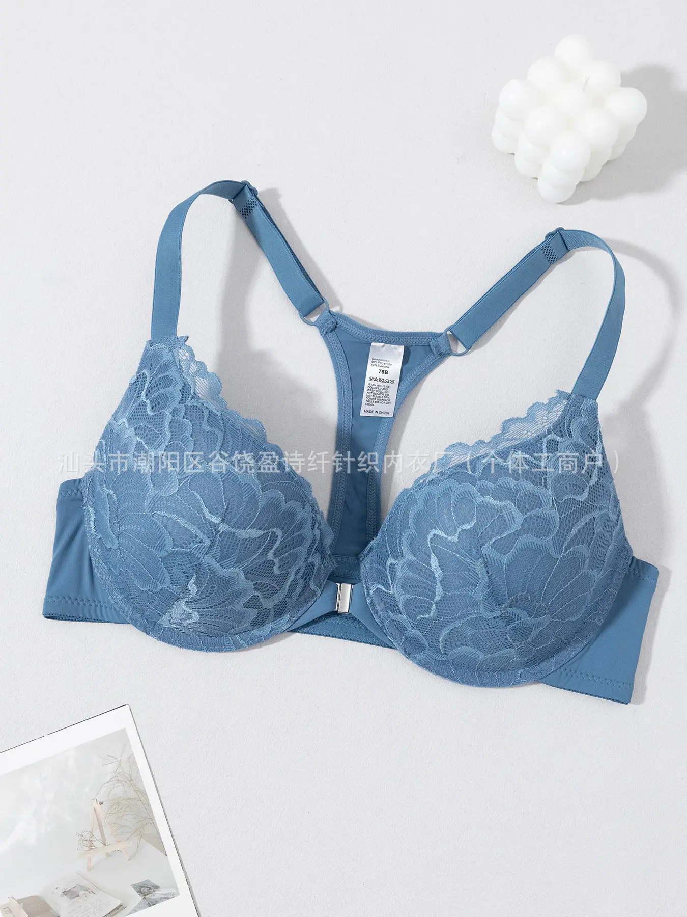 Blue Lace Front Button Bra for Women - Image 6