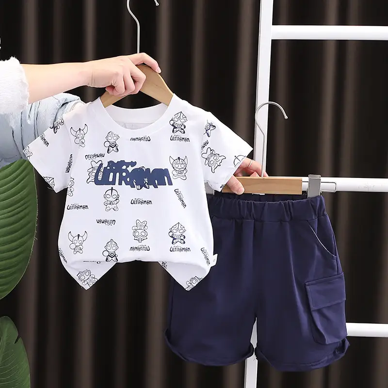 2025 Boys Cartoon Print Summer Suit Navy Shorts - Image 7