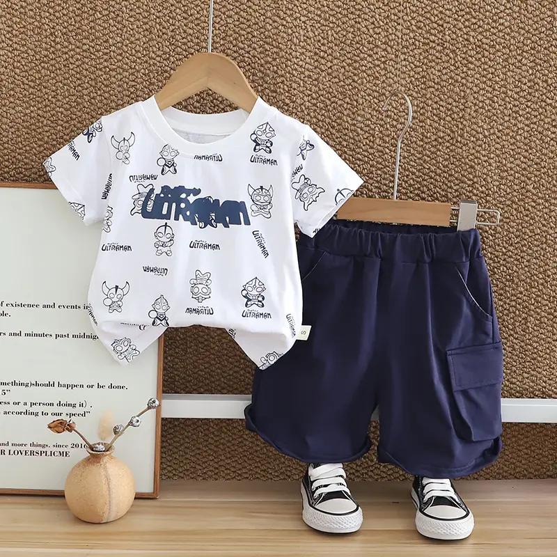 2025 Boys Cartoon Print Summer Suit Navy Shorts - Image 3