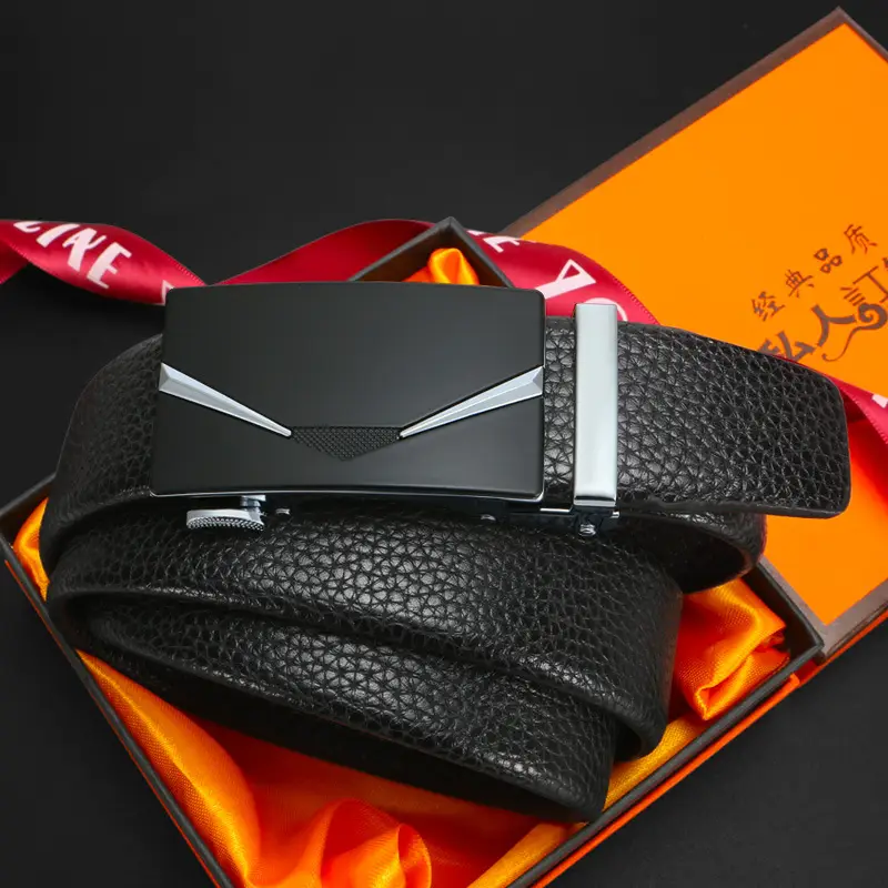 Men's Black Genuine Leather Belt with Gold Buckle