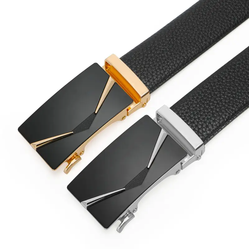 Men's Black Genuine Leather Belt with Gold Buckle
