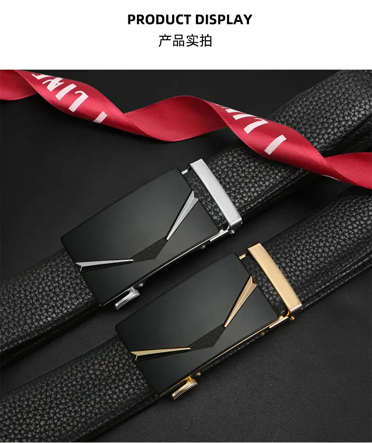 Men's Black Genuine Leather Belt with Gold Buckle — feature 10