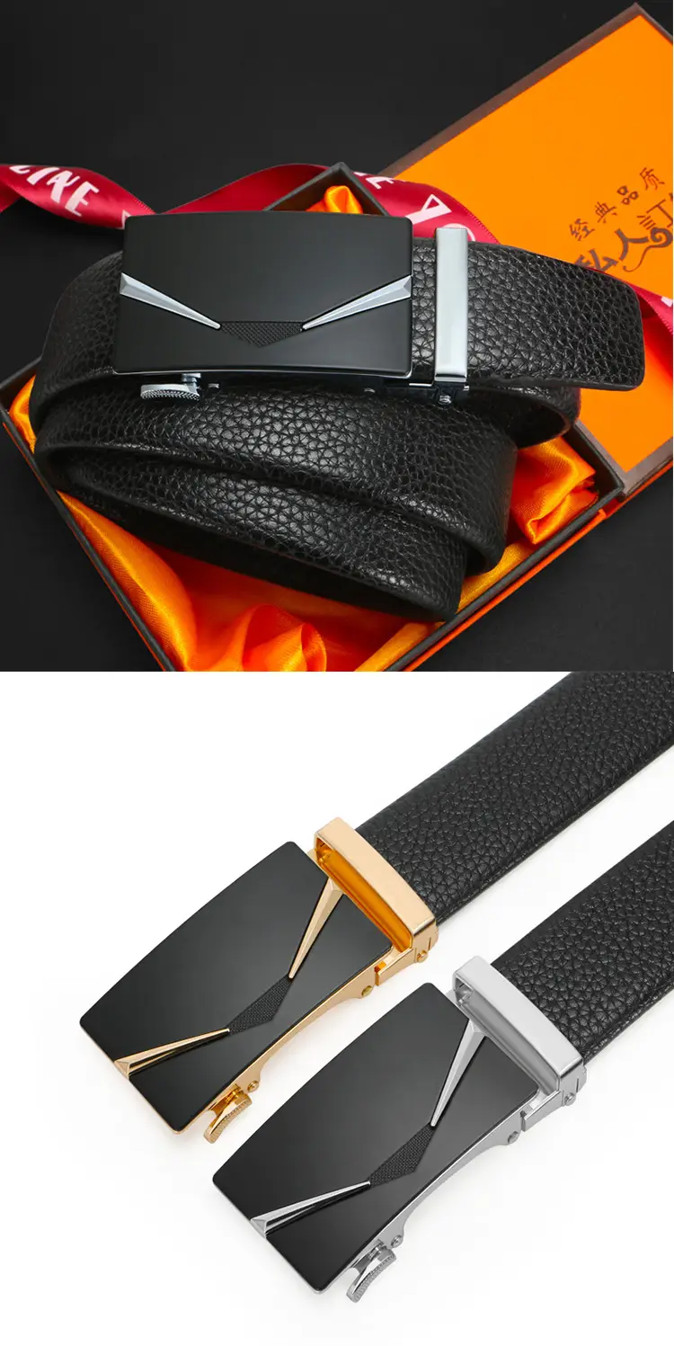 Men's Black Genuine Leather Belt with Gold Buckle — feature 12