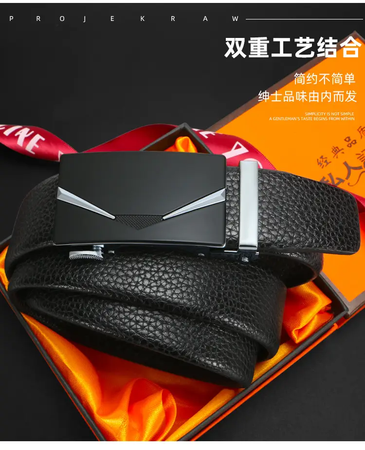 Men's Black Genuine Leather Belt with Gold Buckle — feature 2
