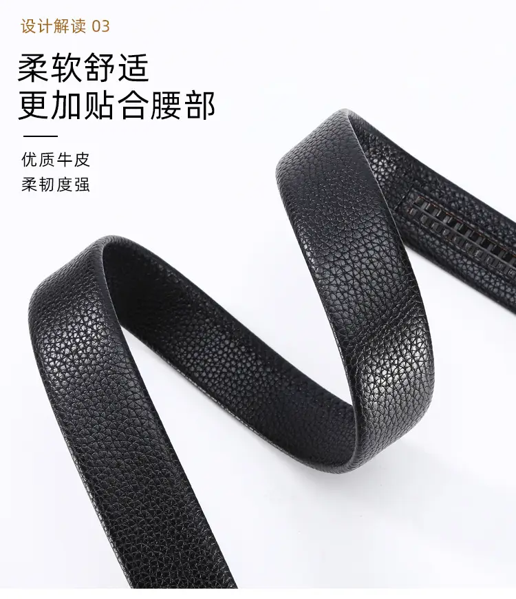 Men's Black Genuine Leather Belt with Gold Buckle — feature 5