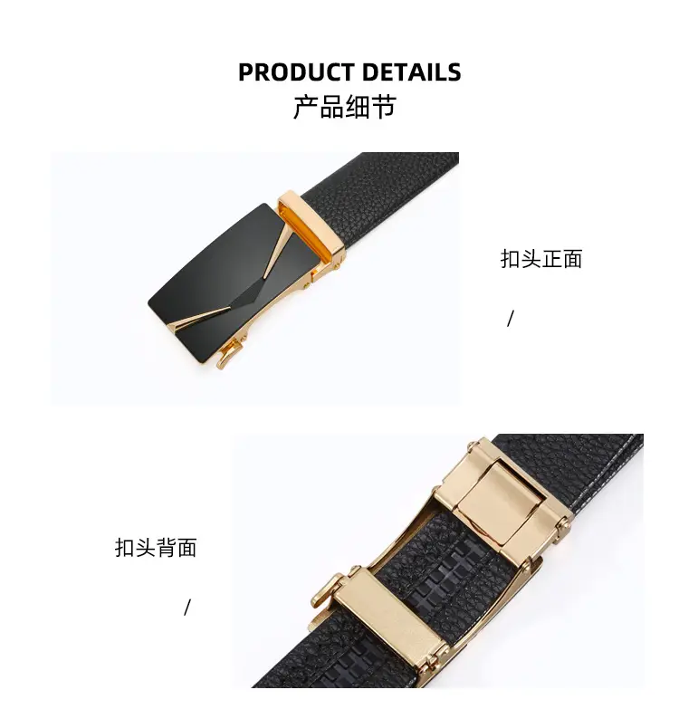 Men's Black Genuine Leather Belt with Gold Buckle — feature 8