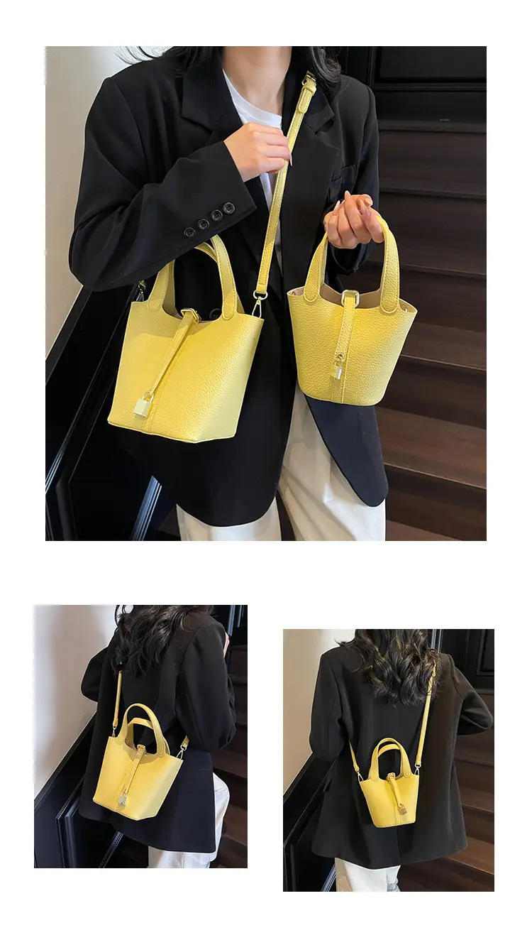 Women's Yellow Leather Shoulder Messenger Bag Set — feature 16