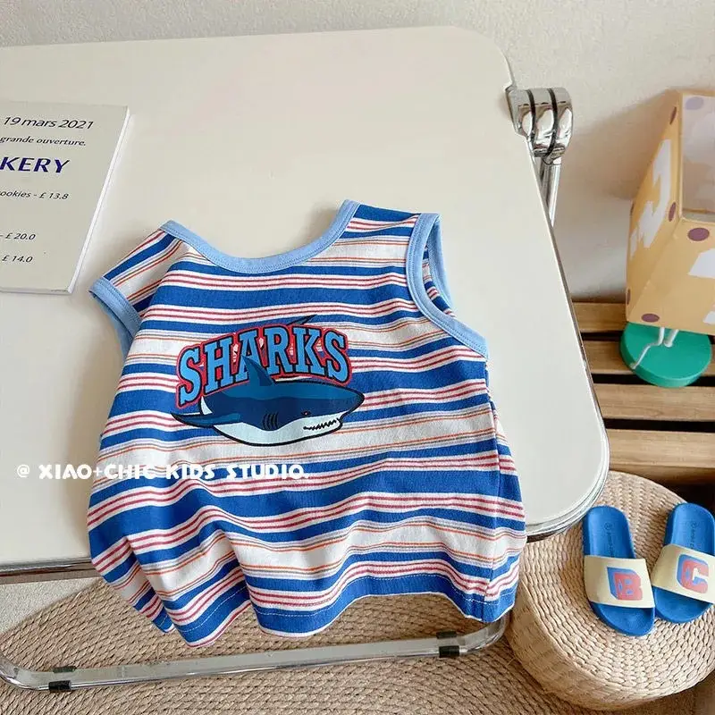 Boys Striped Shark Sleeveless T-Shirt 2025 - Image 3
