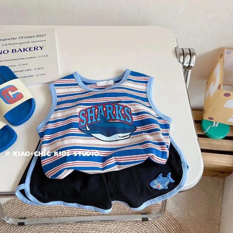 Boys Striped Shark Sleeveless T-Shirt 2025 - Image 5