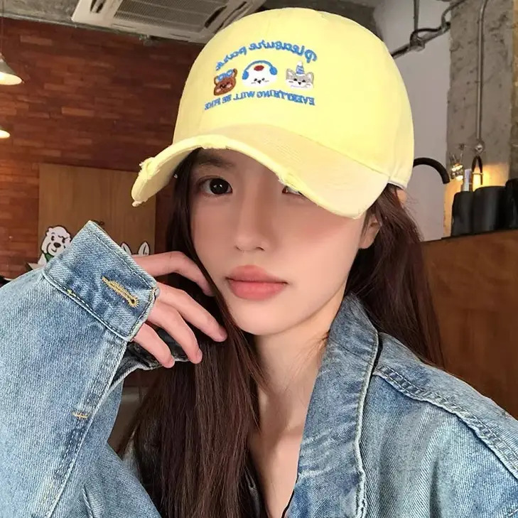 Women's Yellow Cartoon Baseball Cap with Sweet Face Design - Image 6