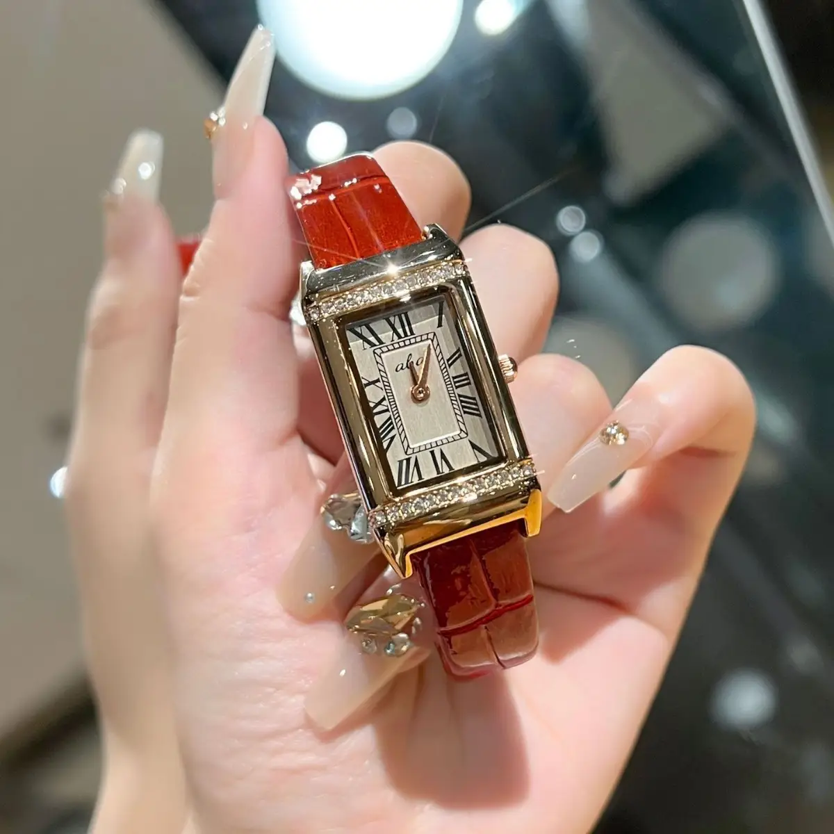 Women's Waterproof Luxury Watch with Red Strap & Diamond Set - Image 4