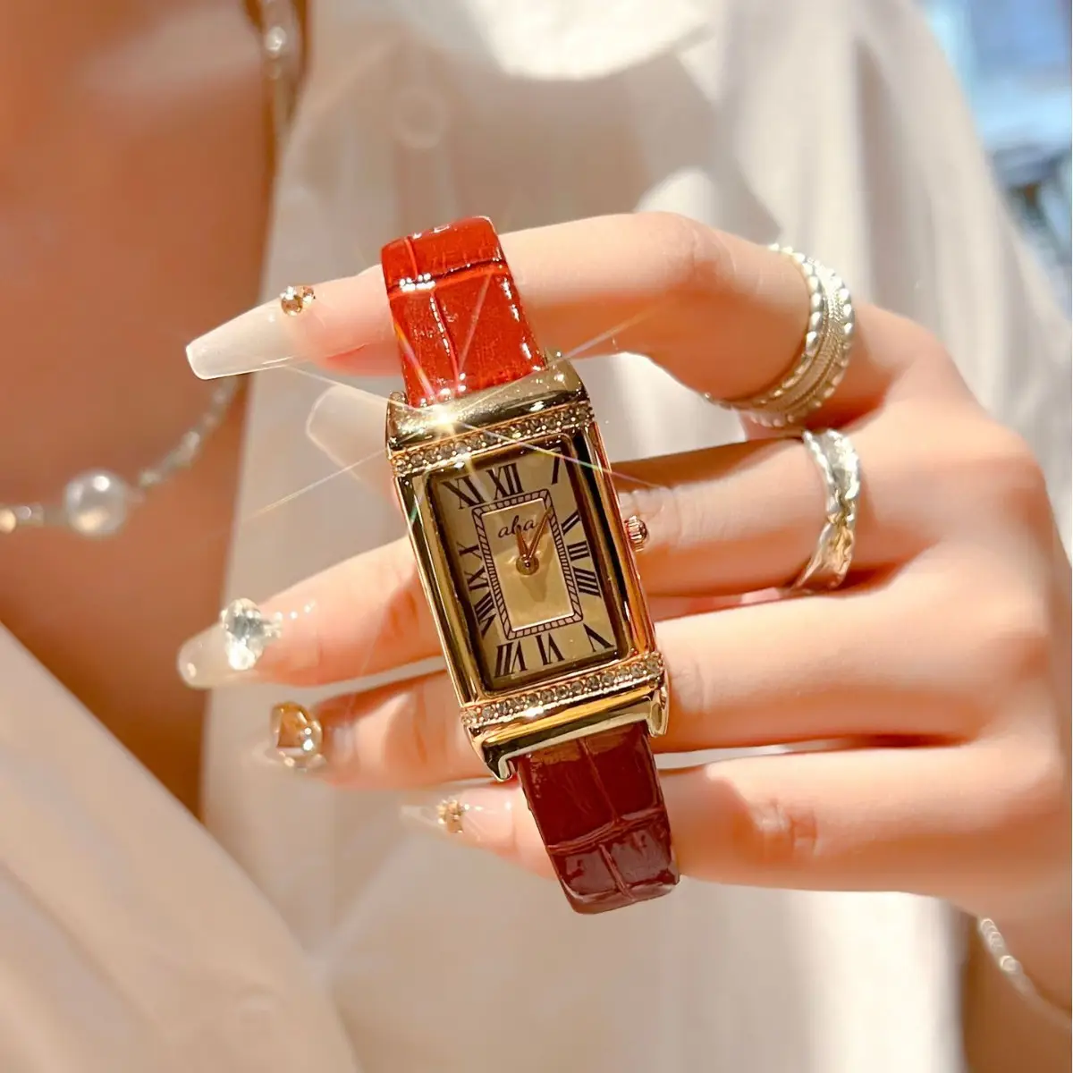 Women's Waterproof Luxury Watch with Red Strap & Diamond Set - Image 2