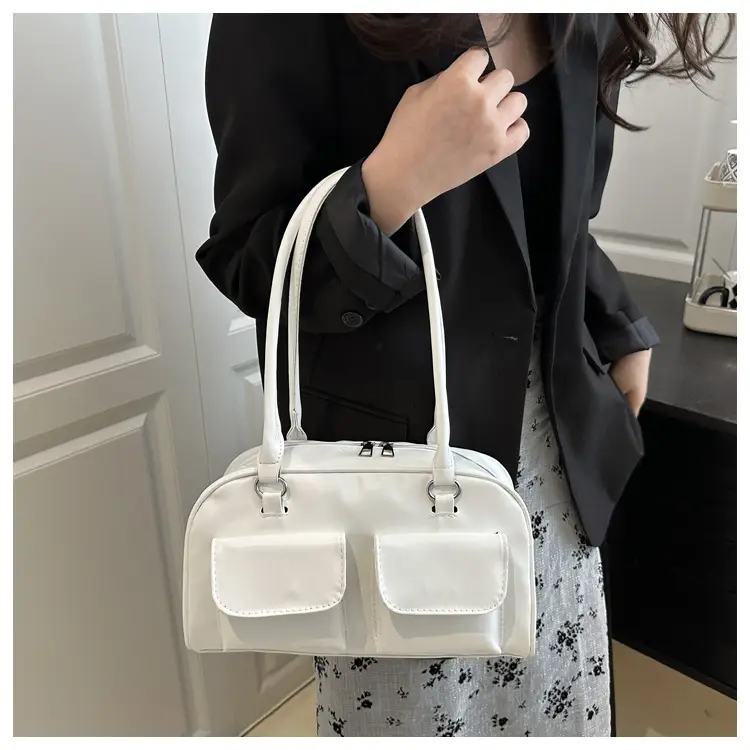 White Korean Style Shoulder Bag with 2 Pockets — feature 12