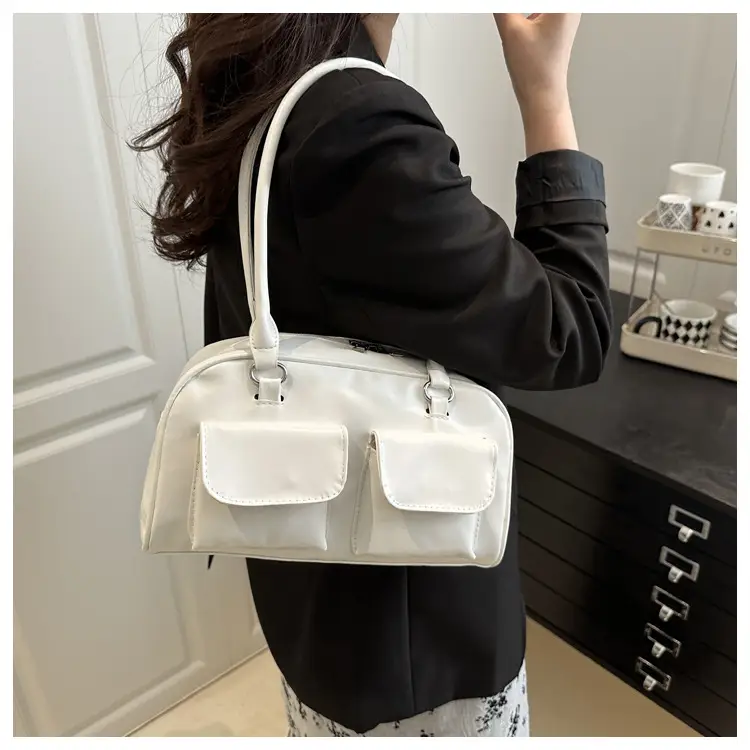 White Korean Style Shoulder Bag with 2 Pockets — feature 13