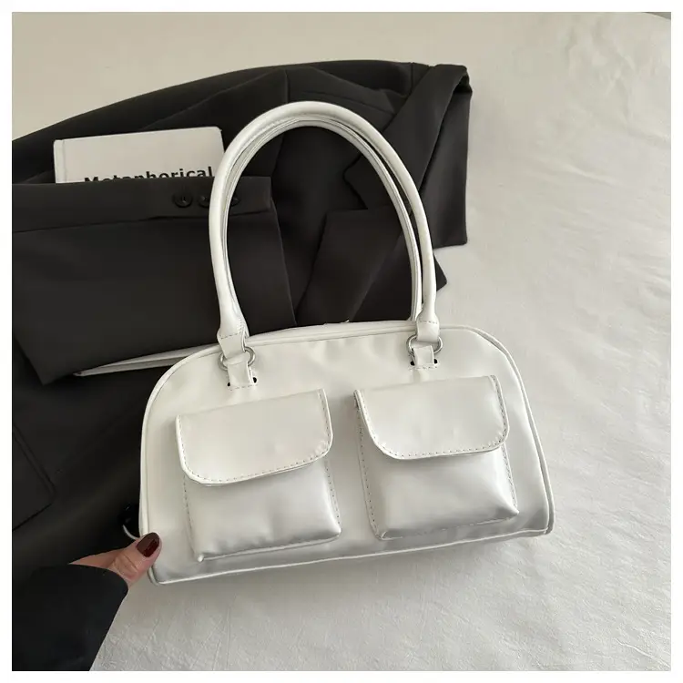 White Korean Style Shoulder Bag with 2 Pockets - Image 2