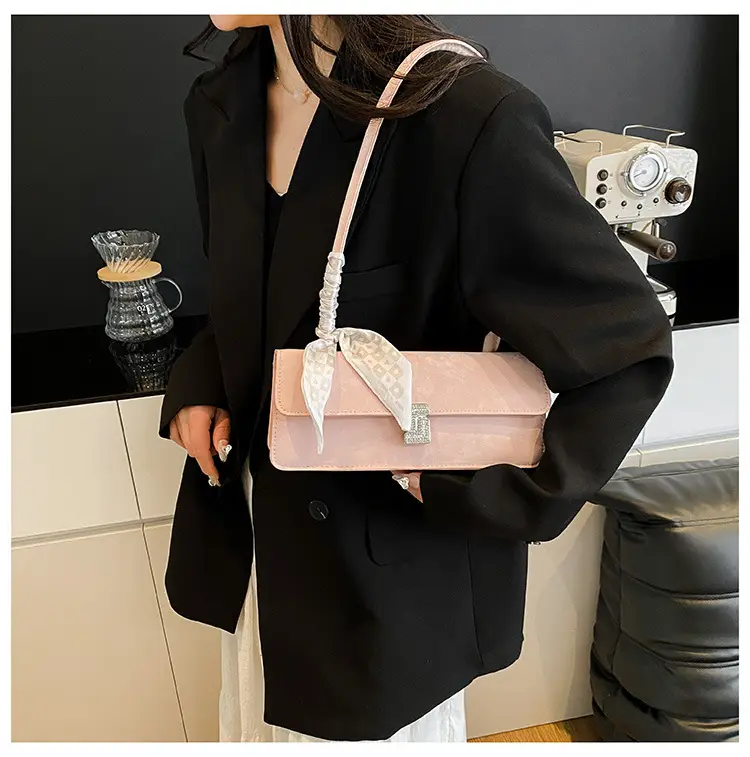 Pink Silk Textured Shoulder Bag with Silk Scarf — feature 15