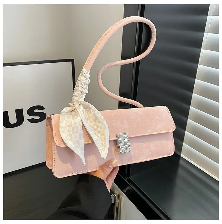 Pink Silk Textured Shoulder Bag with Silk Scarf - Image 3