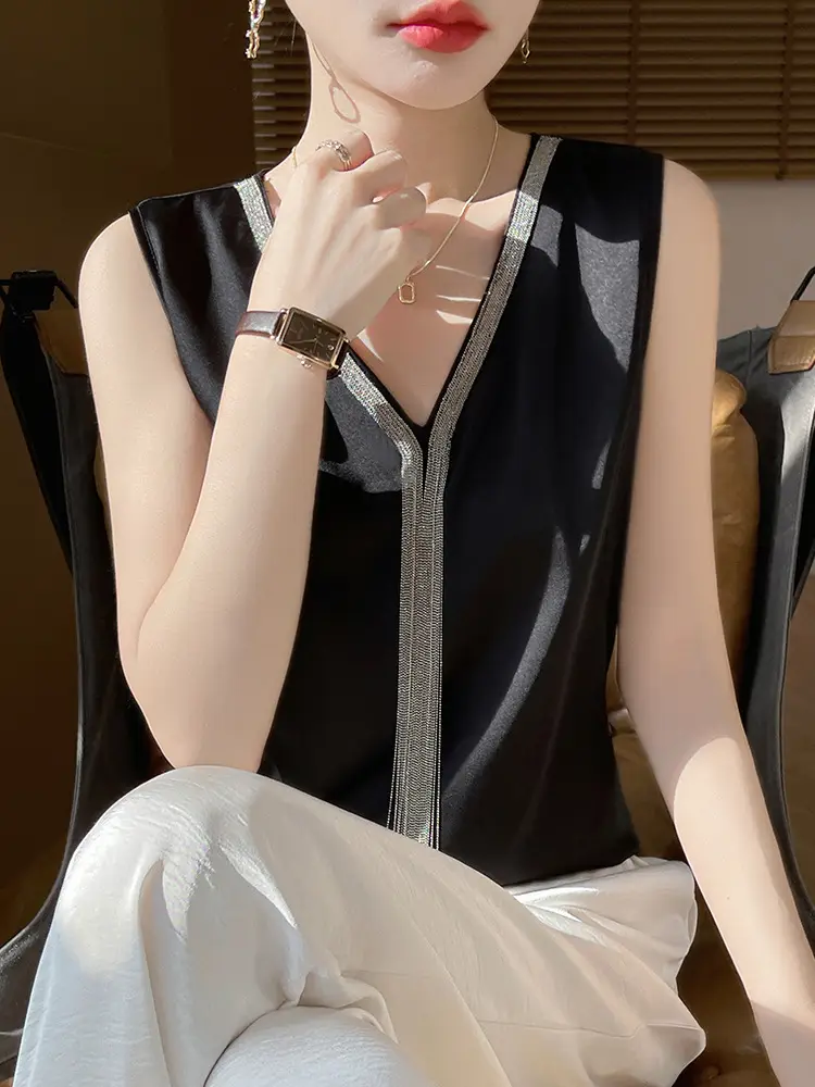 Black V-Neck Tassel Satin Camisole Top