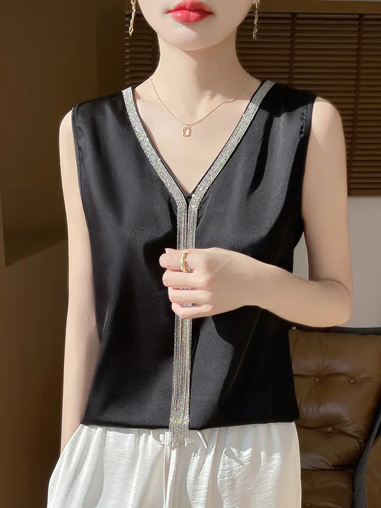 Black V-Neck Tassel Satin Camisole Top