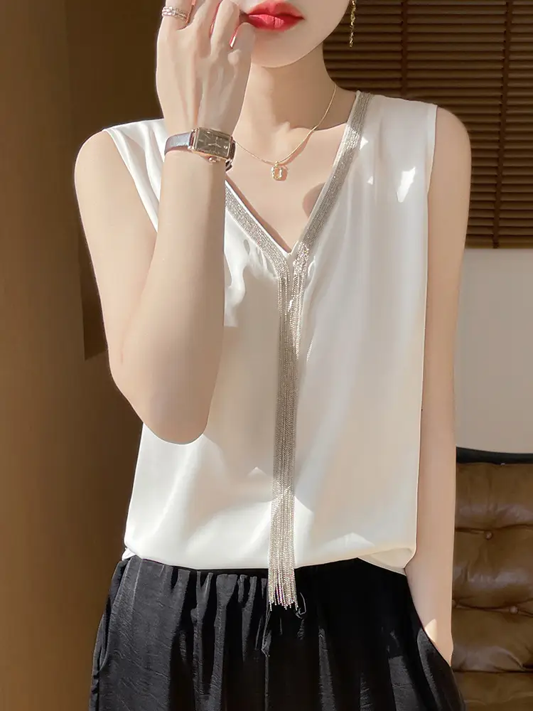 Black V-Neck Tassel Satin Camisole Top