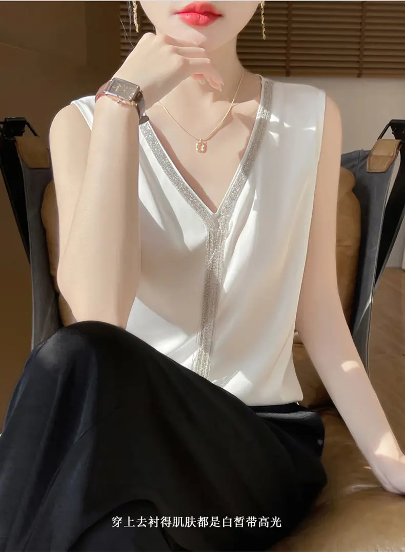 Black V-Neck Tassel Satin Camisole Top — feature 13