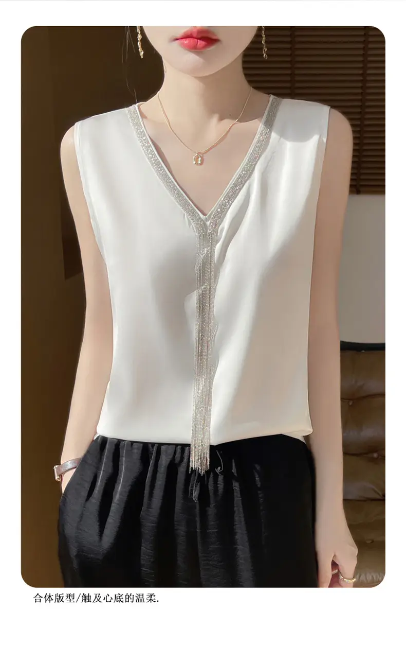 Black V-Neck Tassel Satin Camisole Top — feature 14