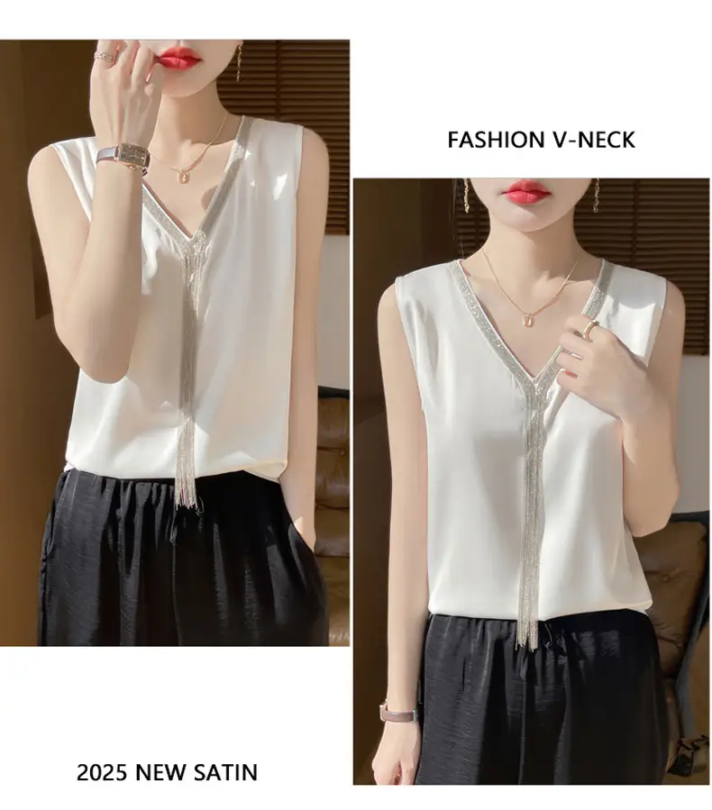 Black V-Neck Tassel Satin Camisole Top — feature 15