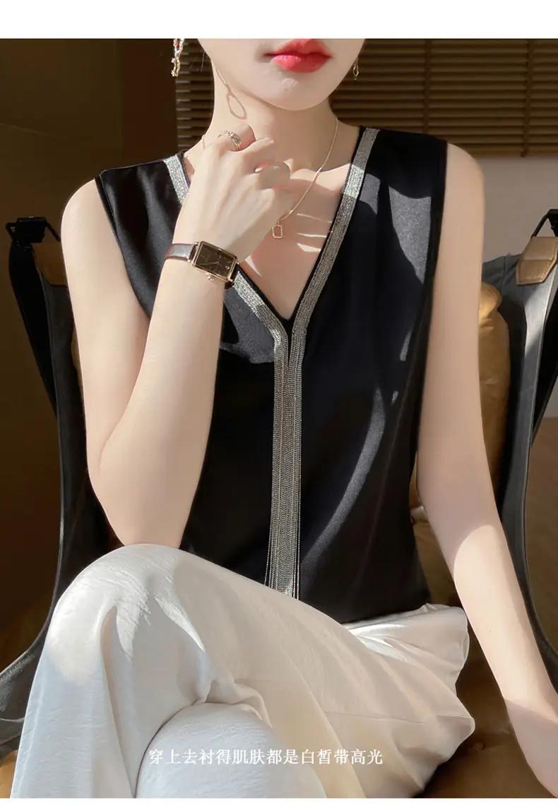 Black V-Neck Tassel Satin Camisole Top — feature 16