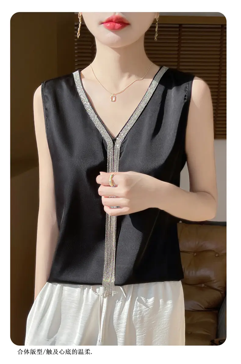 Black V-Neck Tassel Satin Camisole Top — feature 17