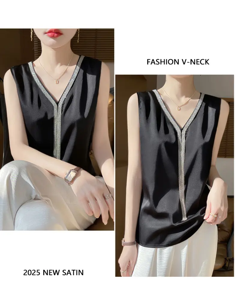 Black V-Neck Tassel Satin Camisole Top — feature 18