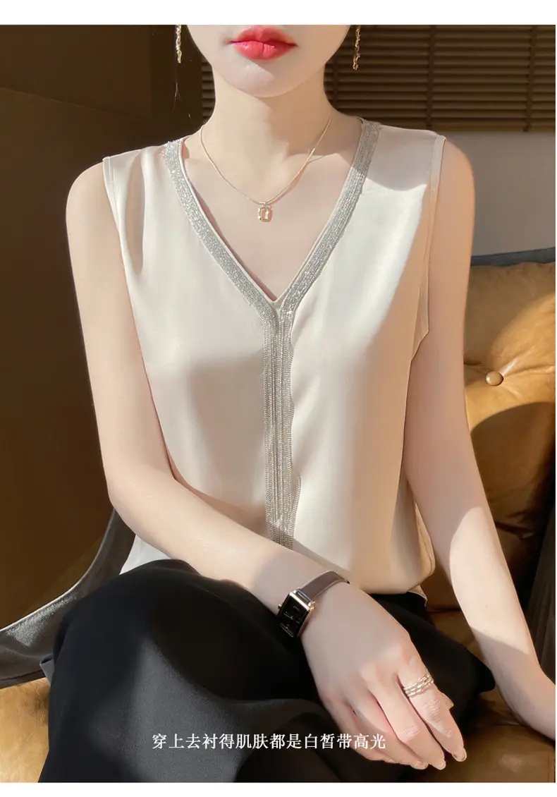 Black V-Neck Tassel Satin Camisole Top — feature 19