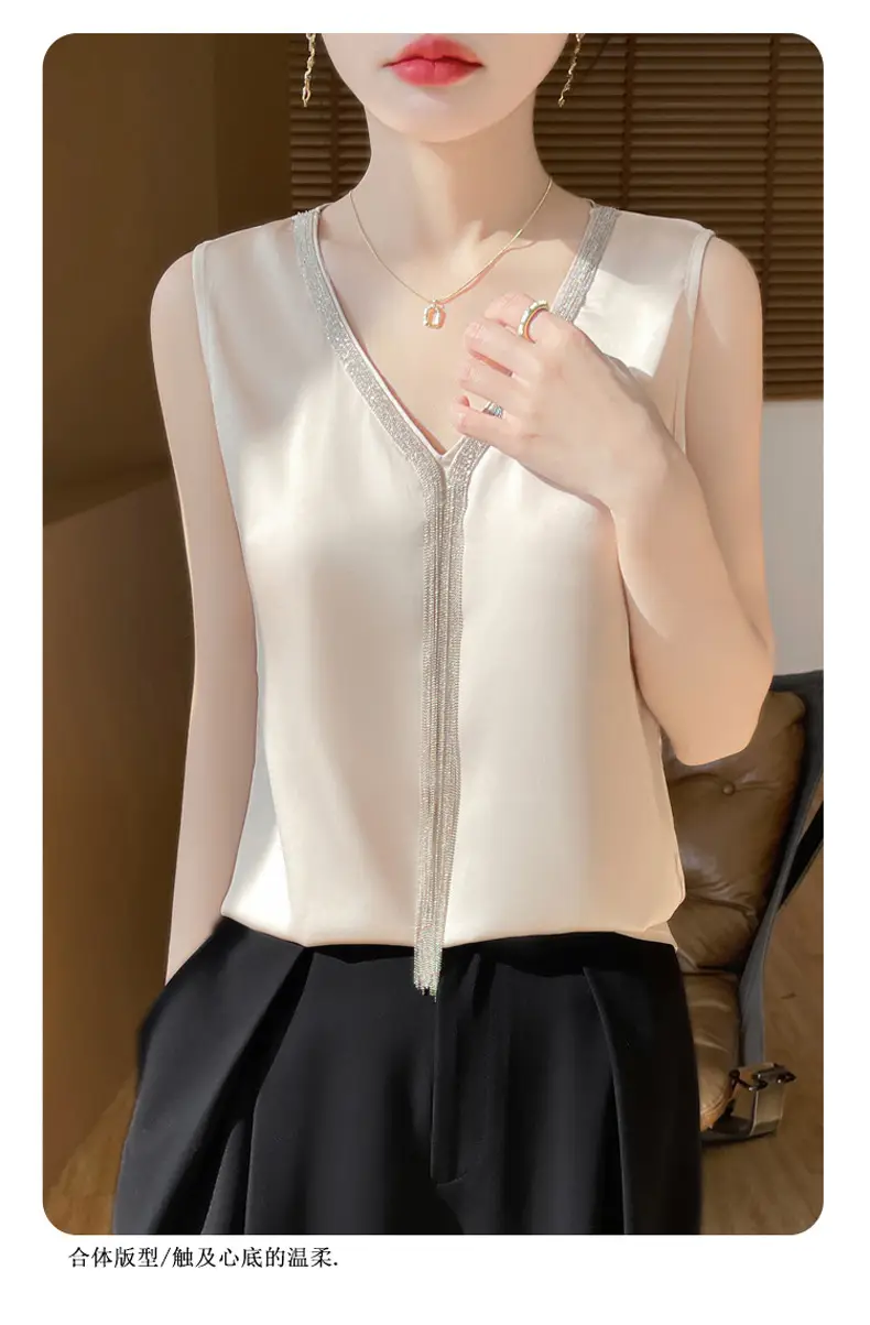 Black V-Neck Tassel Satin Camisole Top — feature 20