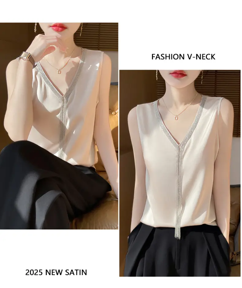 Black V-Neck Tassel Satin Camisole Top — feature 21
