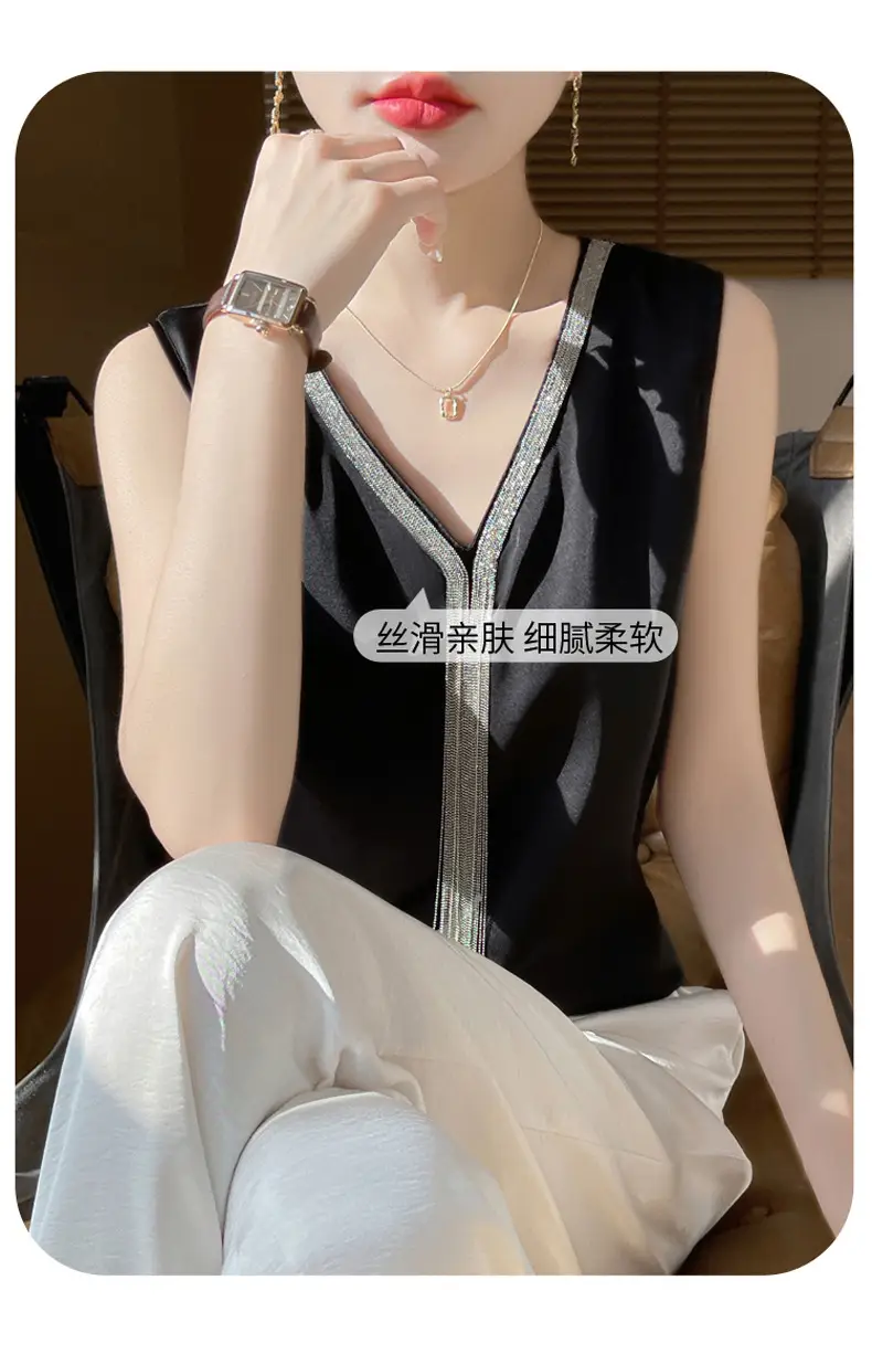 Black V-Neck Tassel Satin Camisole Top — feature 3